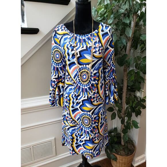 Crown & Ivy Sheath Dress Womens Large Multi Geo Print Rayon Long Sleeve Back Zip - Picture 1 of 12